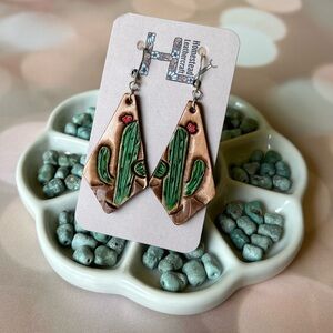 Hand tooled Leather Earrings, Cactus, Hand Painted, Vegetable Tanned Leather